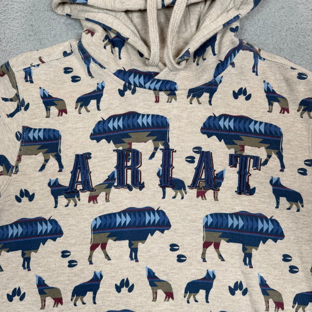 Ariat Re-AL Womens Small Buffalo Wolf Southwestern Fleece Hoodie Oatmeal Blue - Picture 6 of 12